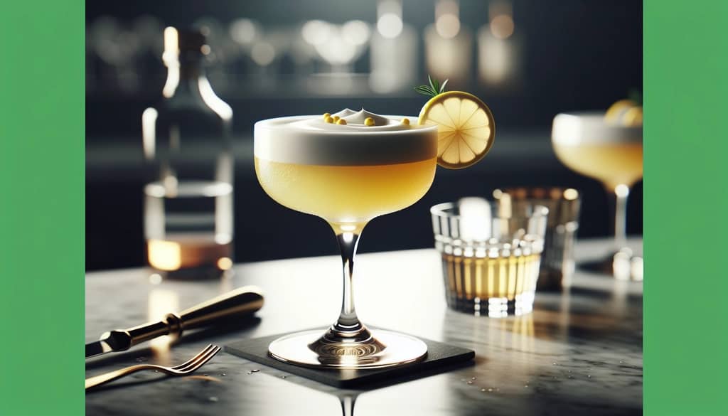 whiskey sour z białkiem w kieliszku coupe z ozdobą z cytryny