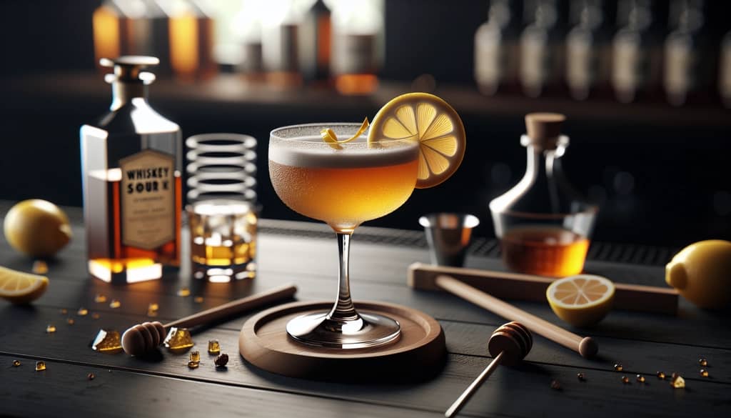 A whisky sour cocktail with honey syrup in a coupe glass with lemon twist