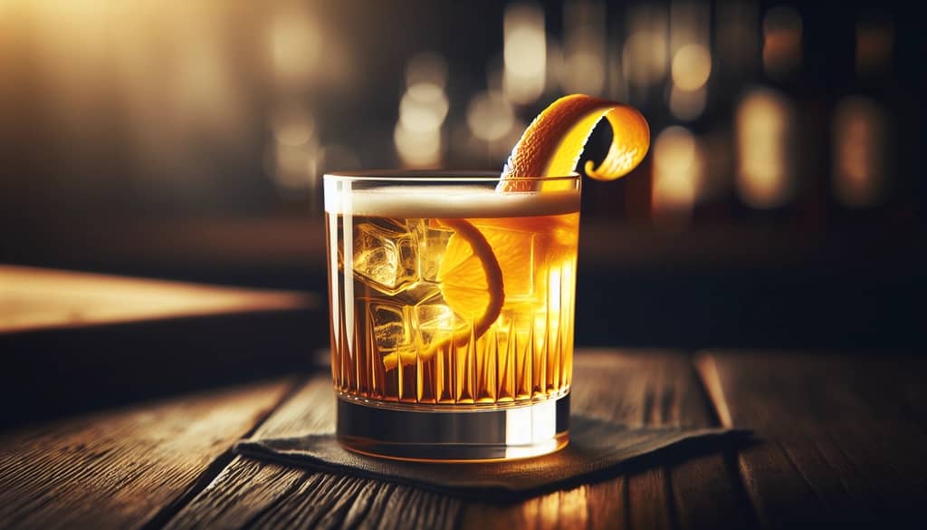 whiskey sour con jarabe de arce en vaso bajo, guarnición de giro de naranja