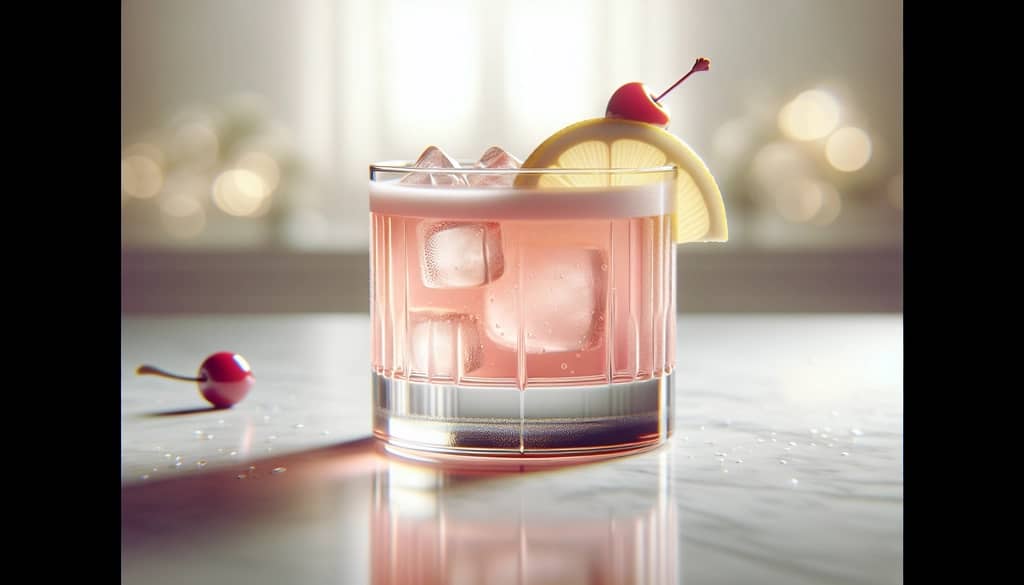 whiskey sour dengan limun merah muda dalam gelas rocks dengan irisan lemon