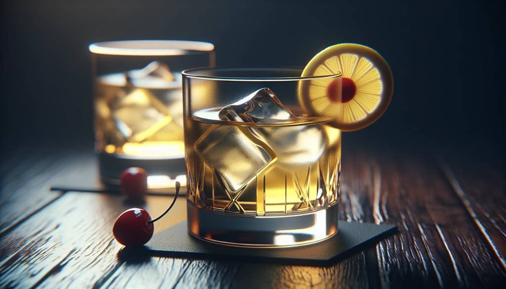whiskey sour en vaso bajo con cereza y adorno de limón