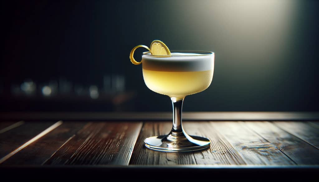 shaken whiskey sour cocktail with frothy top in stemmed glass