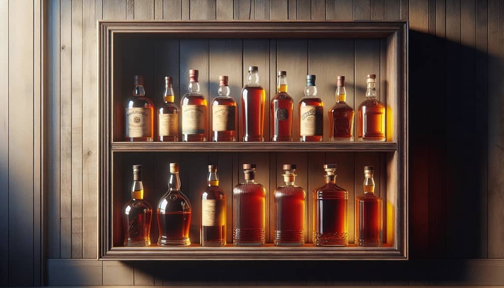 bouteilles de whisky stockées en position verticale sur une étagère en bois