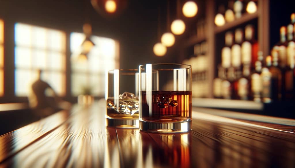 klarer Rum und gereifter Rum in Gläsern an der Bar