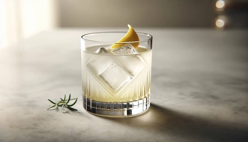 Negroni blanc avec mezcal dans un verre old fashioned avec zeste de citron
