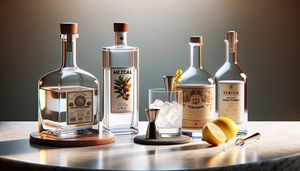 Mezcal White Negroni ingredients on a marble top