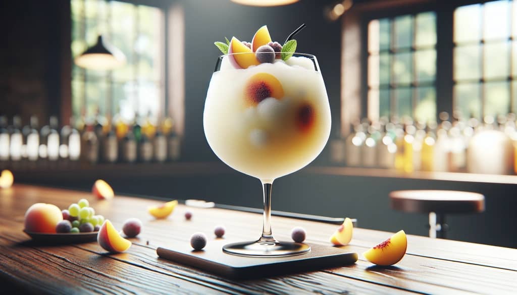 white frozen sangria in wine glass with fruit garnish