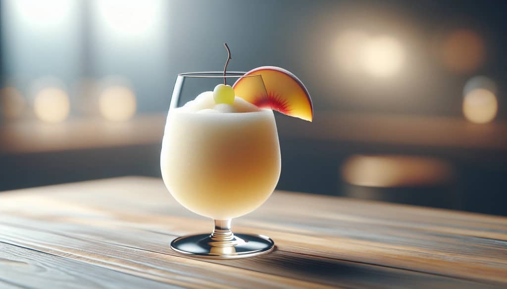 white sangria slush in stemless wine glass with peach and grape garnish