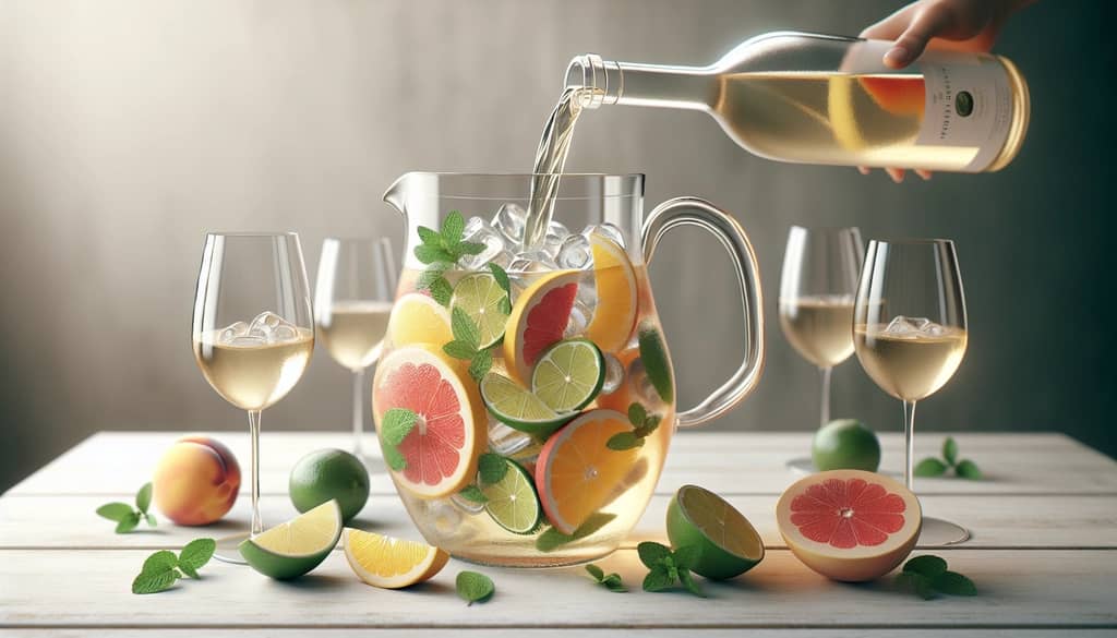preparation of white sangria with wine, fruit and herbs