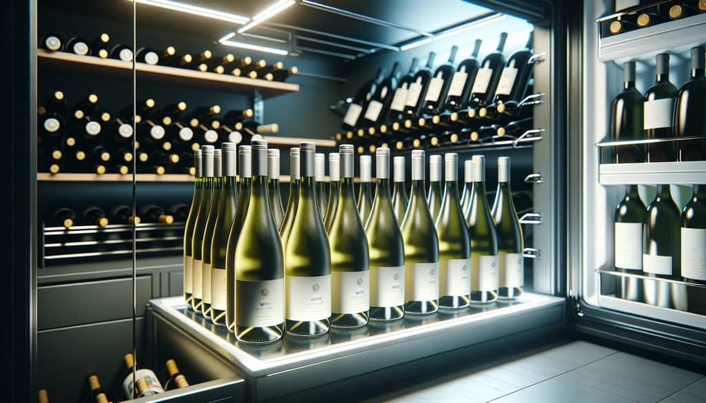 bouteilles de vin blanc stockées sur le côté dans une cave à vin