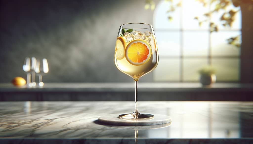 beyaz şarap sangria, şeffaf bir bardakta narenciye süslemesiyle