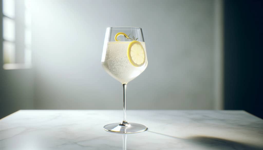 white wine spritz mocktail in wine glass with lemon wheel garnish
