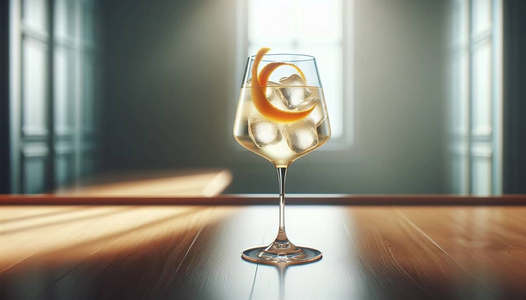 white wine spritz cocktail with orange twist in a stemmed glass