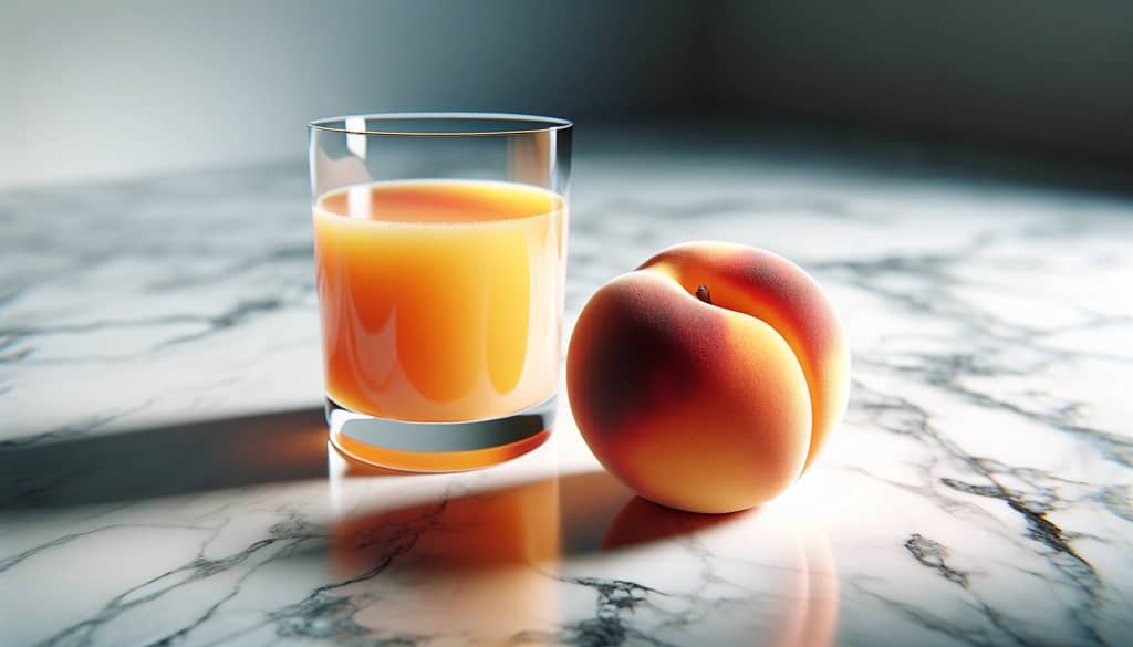 whole peach and glass of peach juice on table