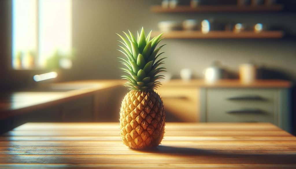 nanas matang utuh di atas meja kayu