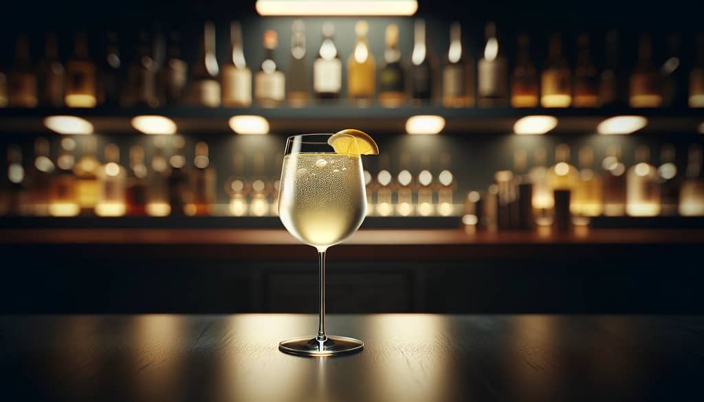 wine glass with delicate cocktail and citrus garnish on bar