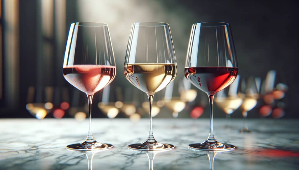 selección de copas de vino con vino blanco, rosado y tinto