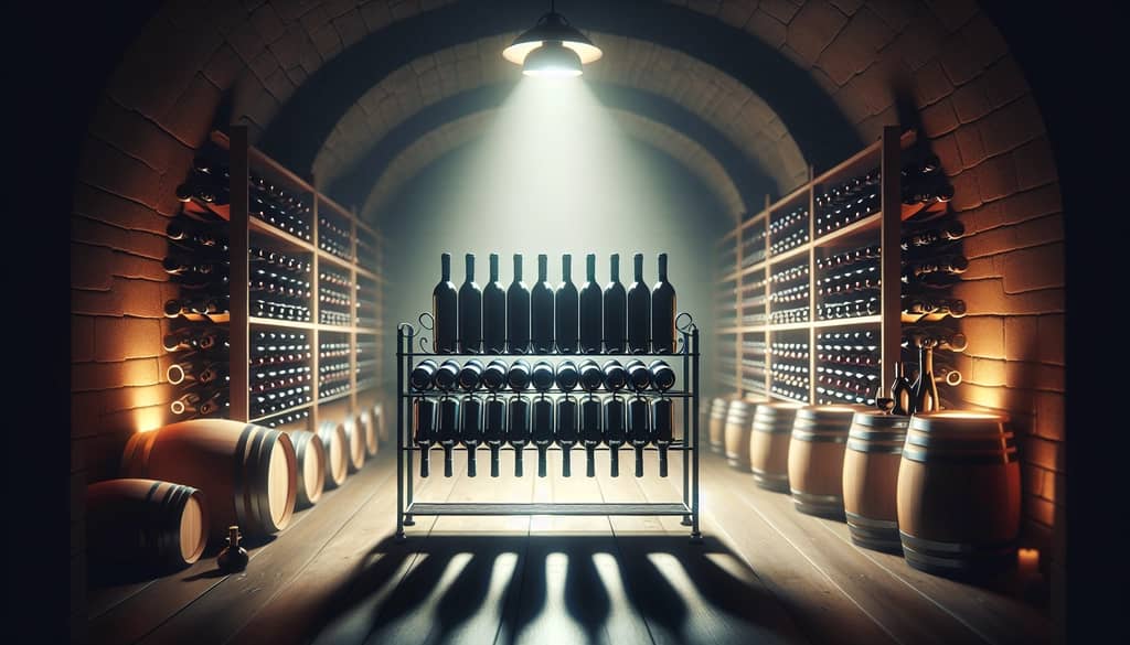 bouteilles de vin stockées couchées dans un environnement frais et sombre