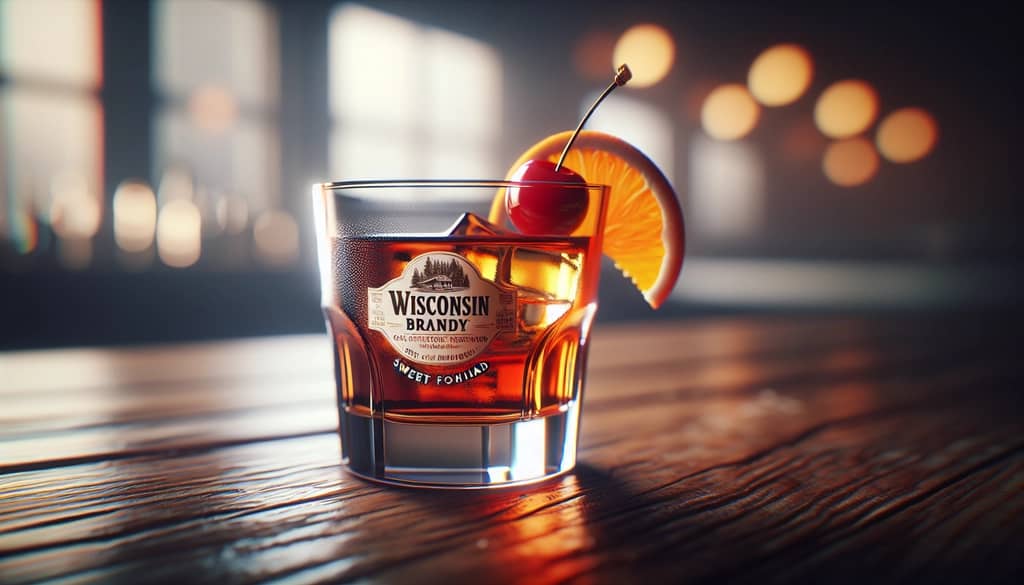 brandy old fashioned dulce de Wisconsin en un vaso bajo con una guarnición de naranja y cereza