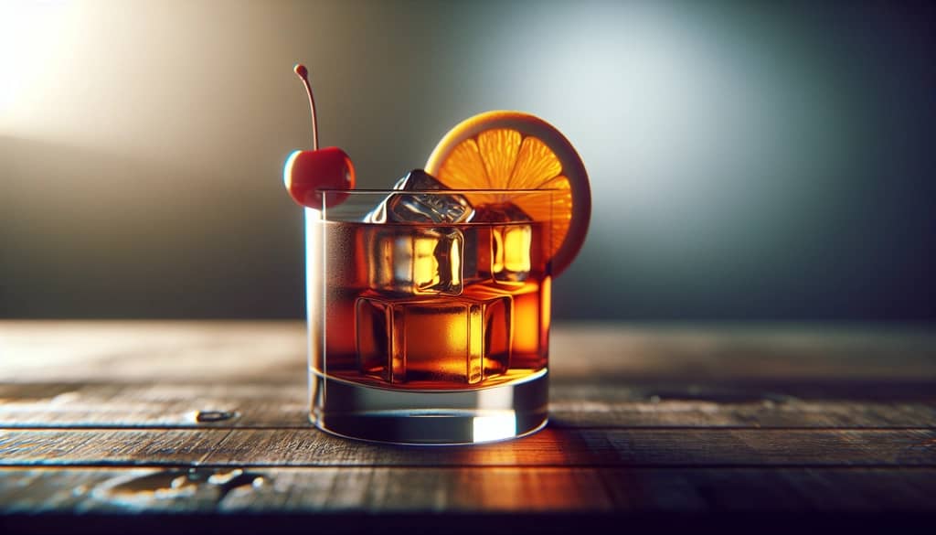 Cóctel Wisconsin Old Fashioned en un vaso old fashioned con guarnición de naranja y cereza