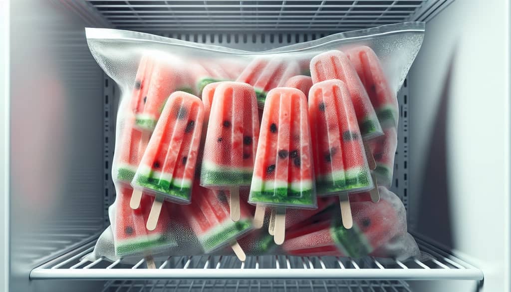 Wrapped watermelon margarita popsicles stored in freezer bag