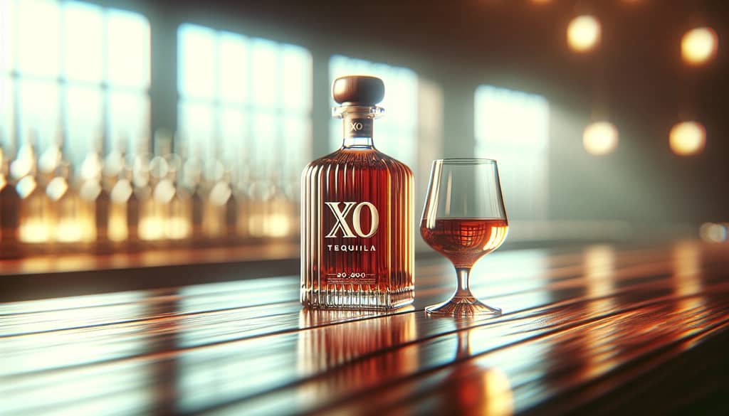 나무 위에 XO 데킬라 병과 잔