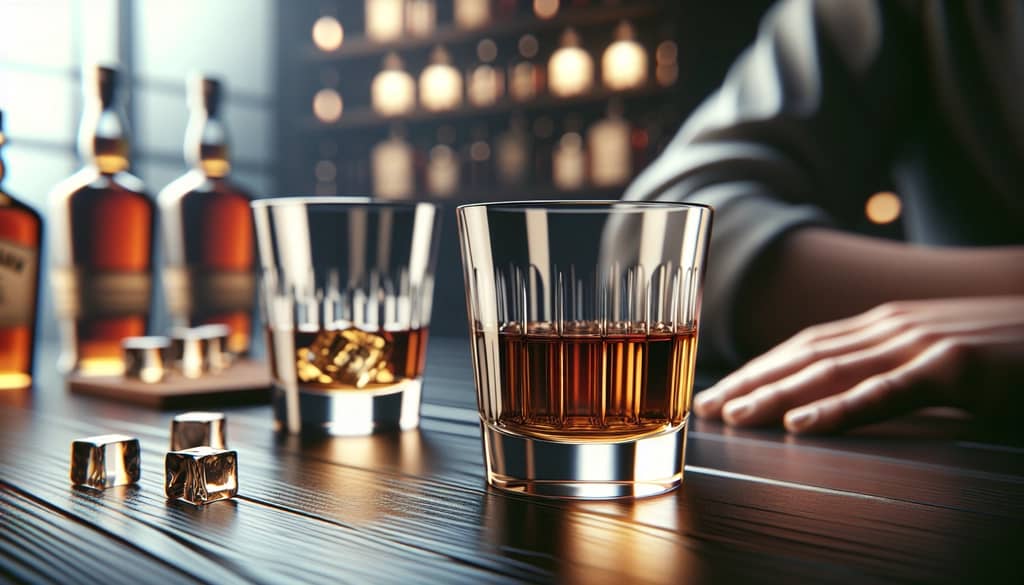 two bourbons, one light and one dark, on a bar