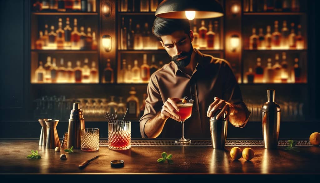 A bartender at a modern speakeasy crafting a classic Ward 8 cocktail with fresh ingredients