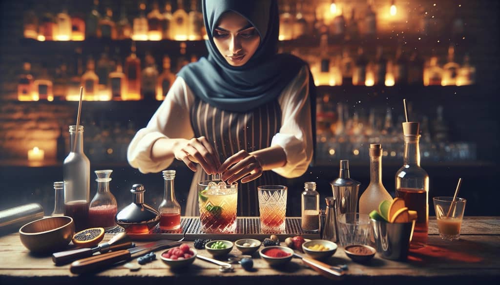A bartender building a cocktail by combining ingredients directly in the glass