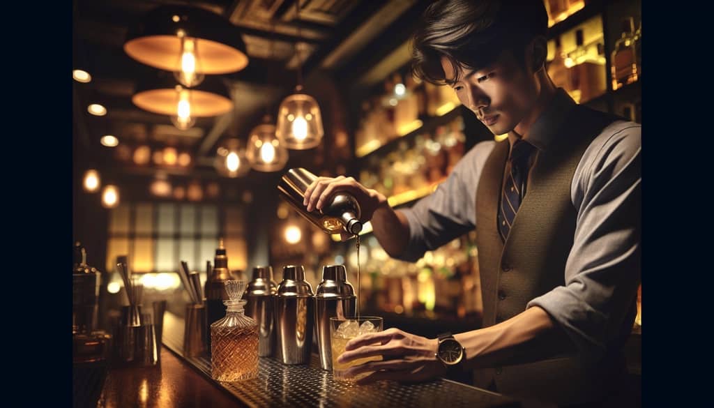 A bartender carefully adding whiskey to a shaker, highlighting the process of fine-tuning cocktail flavors.
