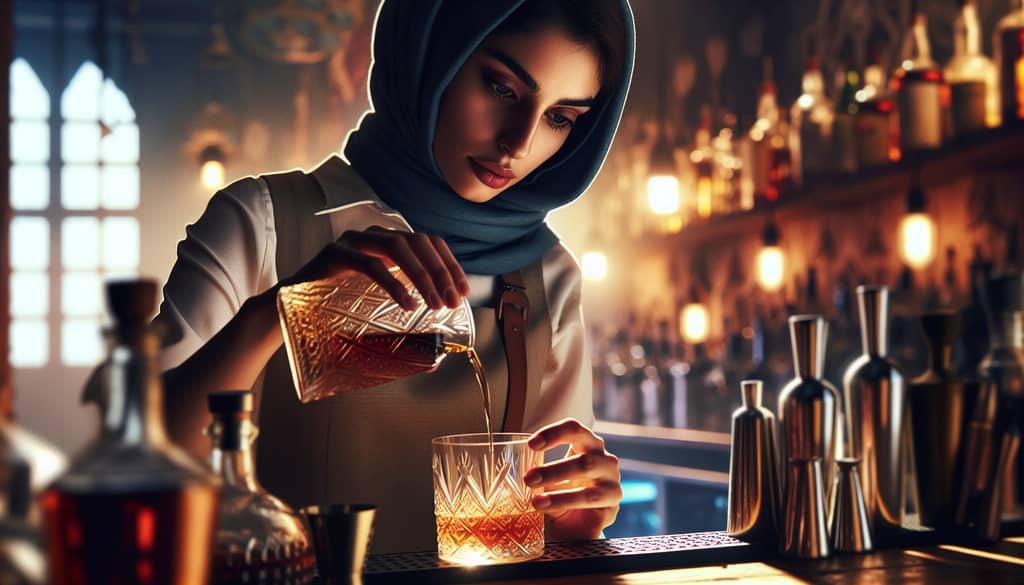 A bartender carefully measuring brandy to create a perfectly balanced cocktail flavor.