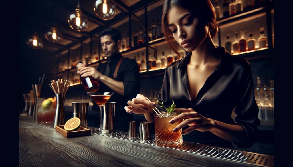 A bartender crafting a modern version of the Brandy Manhattan with unique garnishes and presentation.