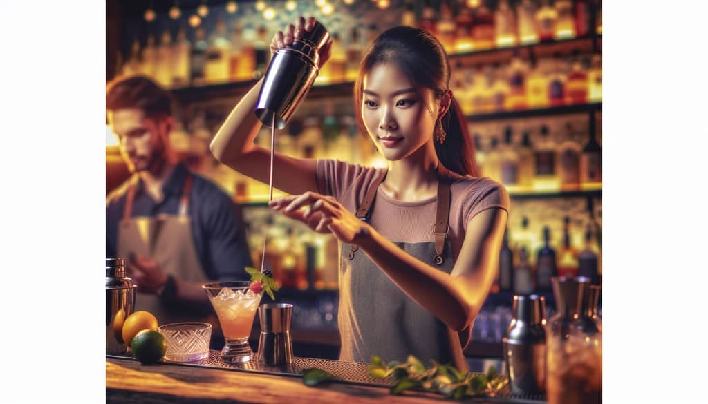 A bartender demonstrating advanced cocktail shaking techniques for a perfected Division Bell Cocktail