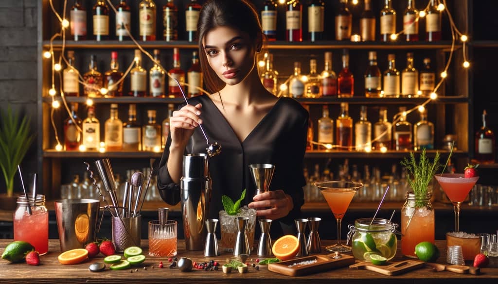 A bartender demonstrating various cocktail mixing methods with an assortment of tools and ingredients.