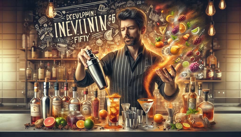 A bartender experimenting with creative variations of the Spicy Fifty cocktail.