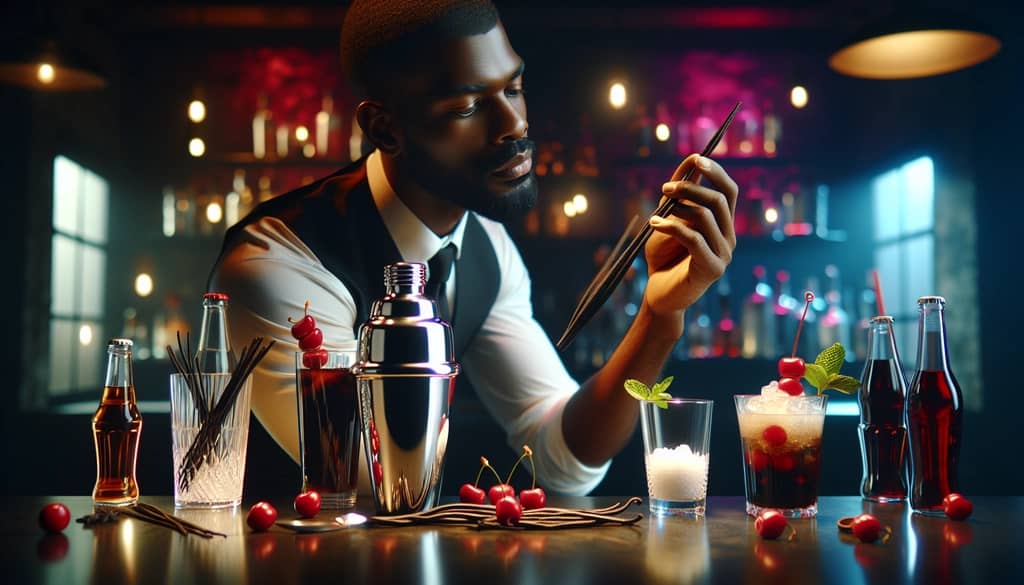A bartender experimenting with various flavor infusions like vanilla and cherry in a vodka and Coke cocktail.