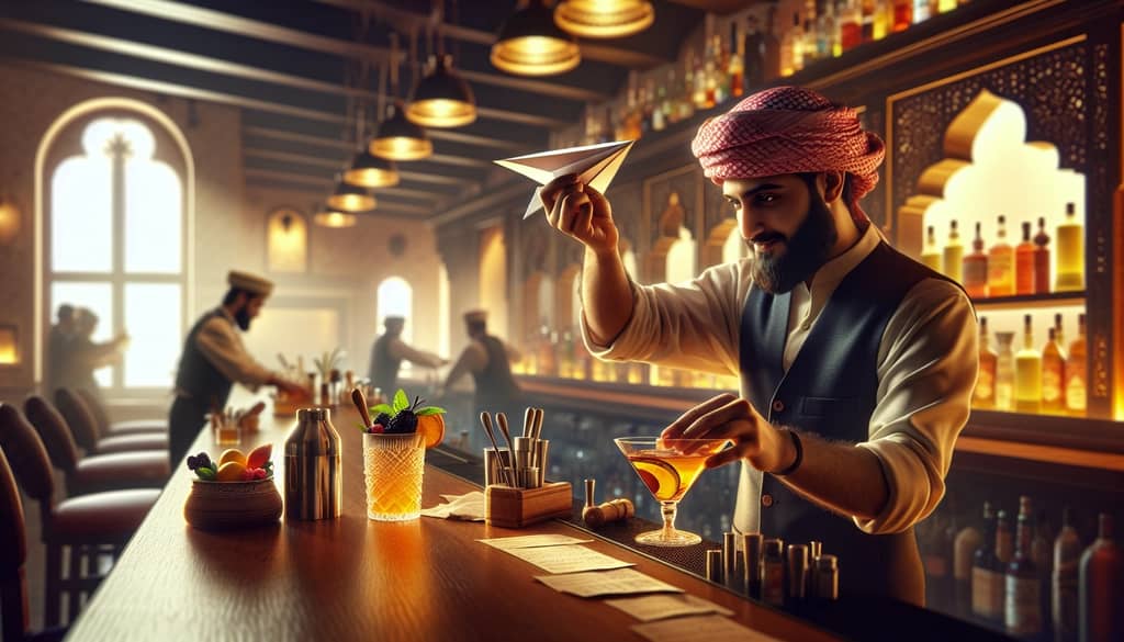 A bartender expertly crafting a Paper Plane cocktail, capturing the essence of innovation and classic mixology.