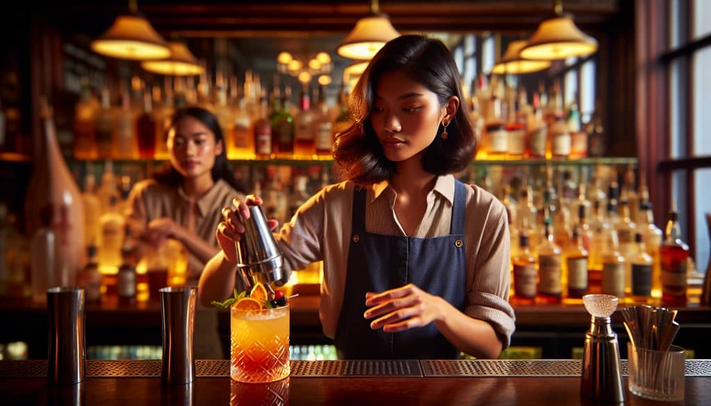 A bartender expertly shaking a classic Floradora cocktail, reflecting its theatrical origins and timeless appeal