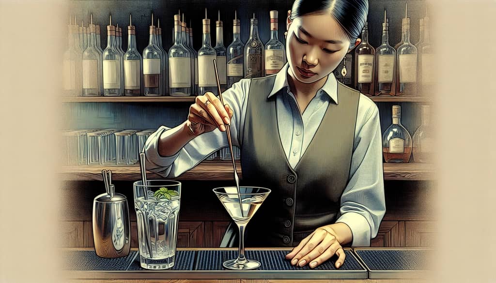 A bartender gently stirring a glass containing a classic Martini with a long bar spoon.