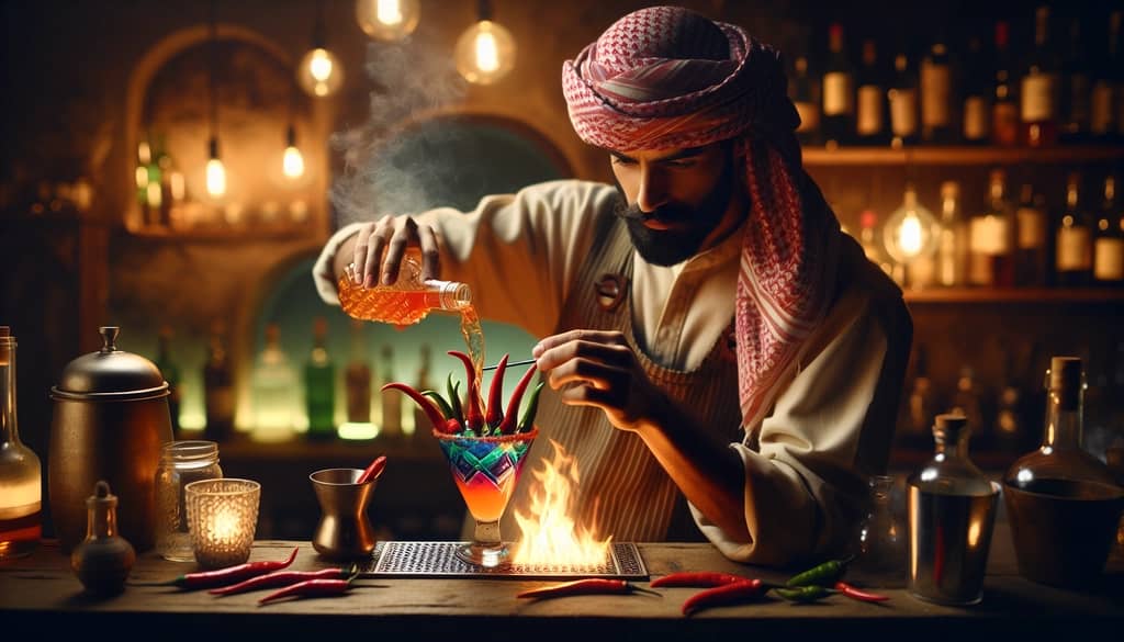 A bartender mixing a colorful cocktail with sliced chili peppers, showcasing how chilis enhance drink complexity