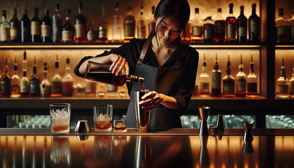 A bartender pouring Hennessy Cognac into a shaker to make a Hennessy Margarita.