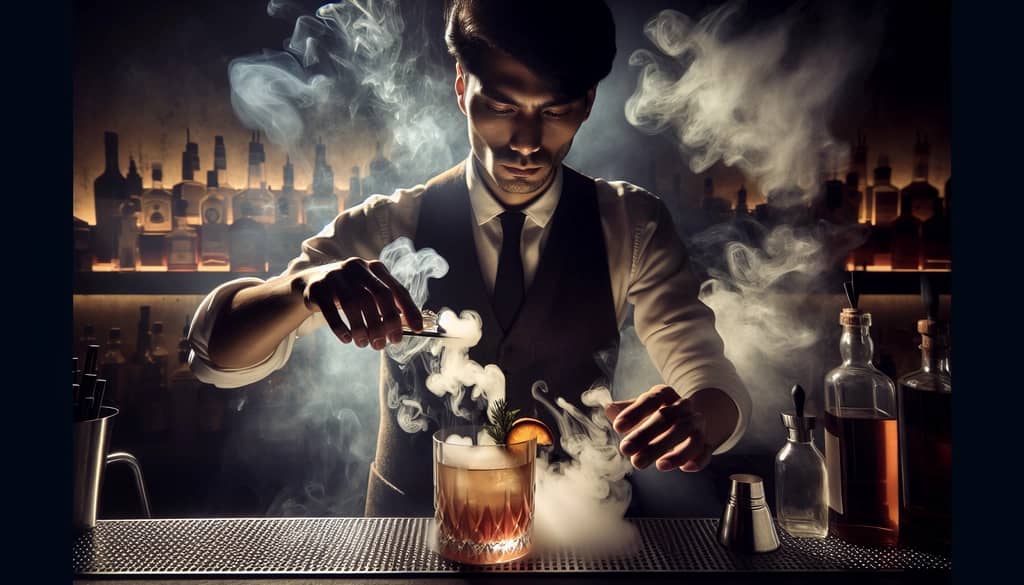 A bartender skillfully adding smoke to an Old Fashioned cocktail, capturing the allure of the added flavor.