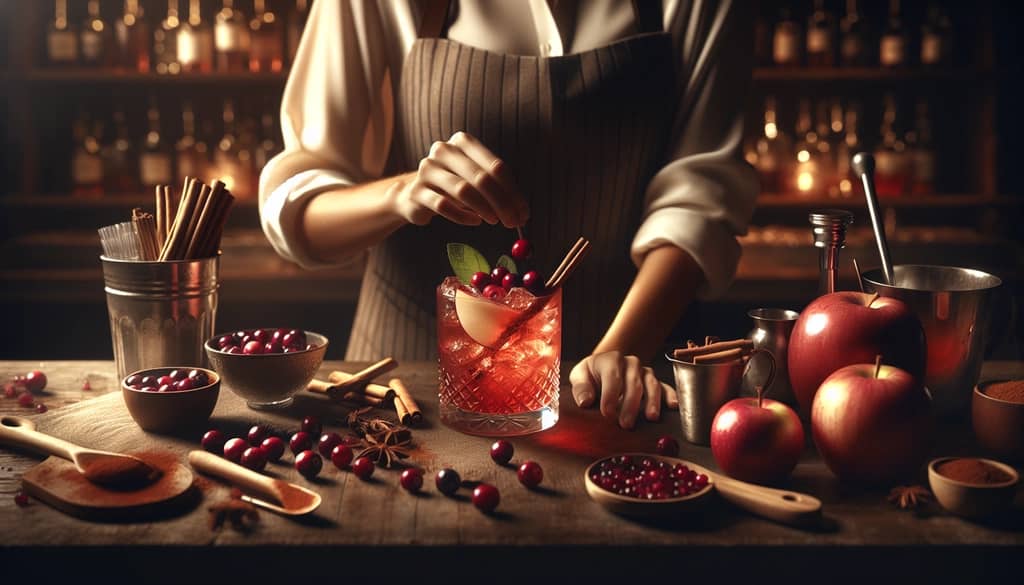 A bartender skillfully preparing a Cran-Apple Cinnamon Spritz, capturing the mix of autumn flavors