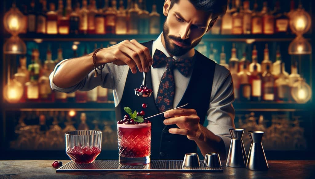 A bartender skillfully preparing a Cranberry Bourbon Cocktail, including muddling cranberries and mixing ingredients.