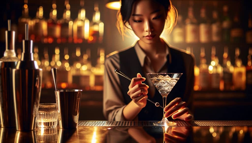 A bartender stirring a classic Martini in a mixing glass, capturing the elegance of the technique.