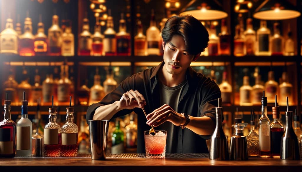 A bartender using the rolled technique to mix a cocktail, showcasing its gentle and smooth blending method.