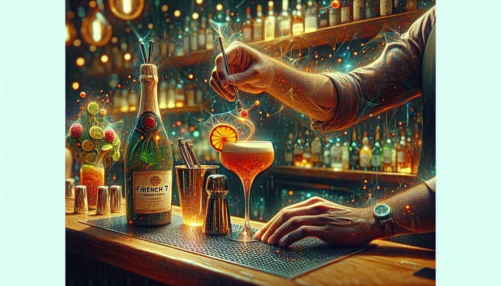 A bartender’s hand adding a twist to the French 77 with fresh fruit puree and sparkling wine variations