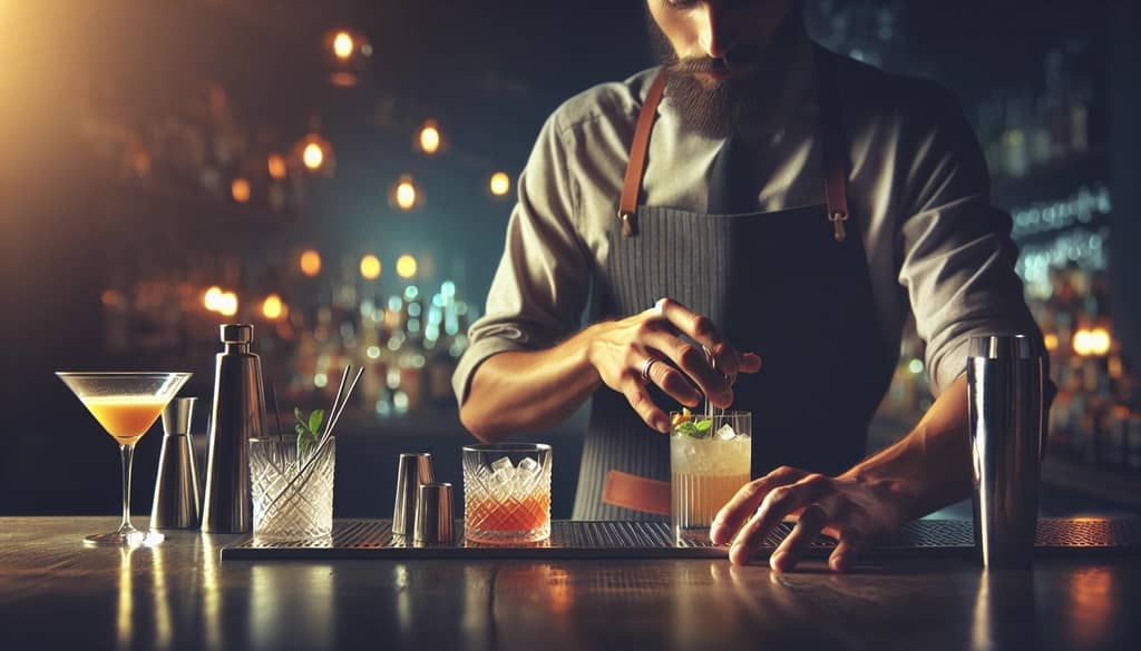 A bartender's hands preparing a new-age version of the Corpse Reviver No. 2 with creative ingredients.