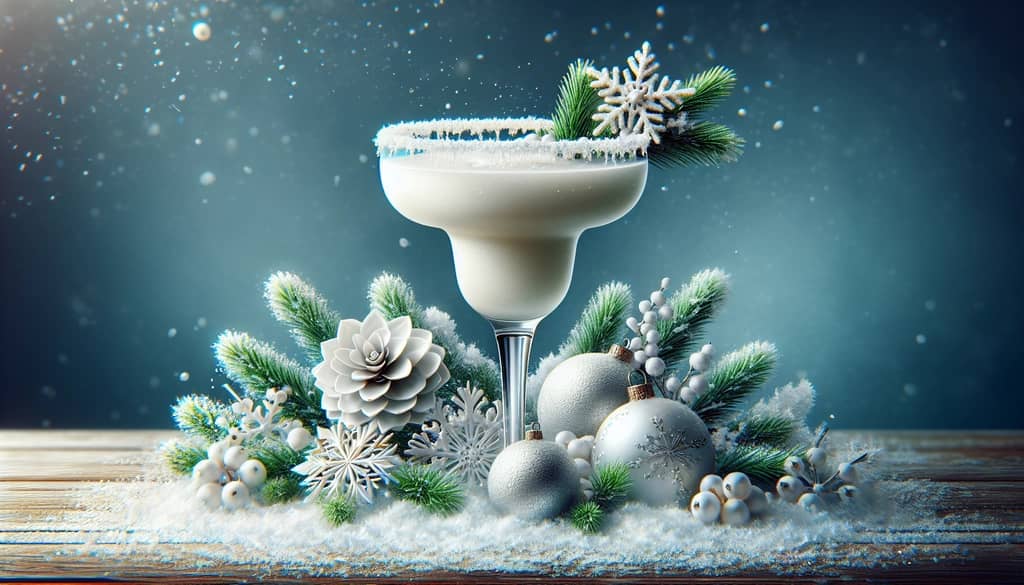 A beautiful White Christmas Margarita, perfectly capturing the festive essence of the holiday with its snowy white appearance and elegant garnish.