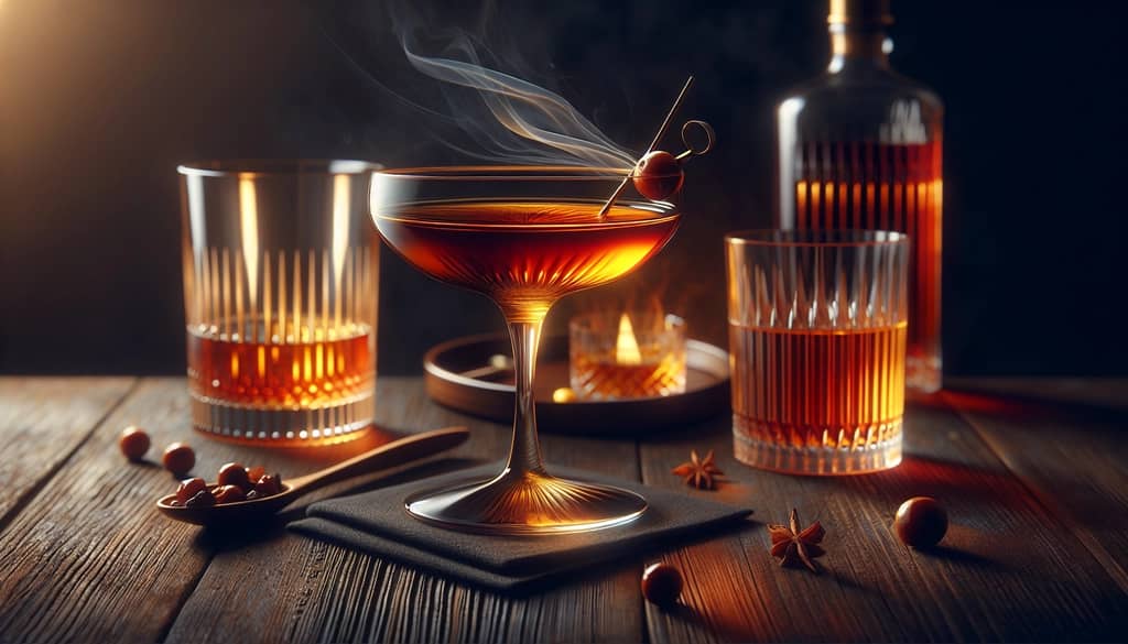 A beautifully crafted Brandy Manhattan cocktail with rich amber hues, embodying the essence of elegance and balance.